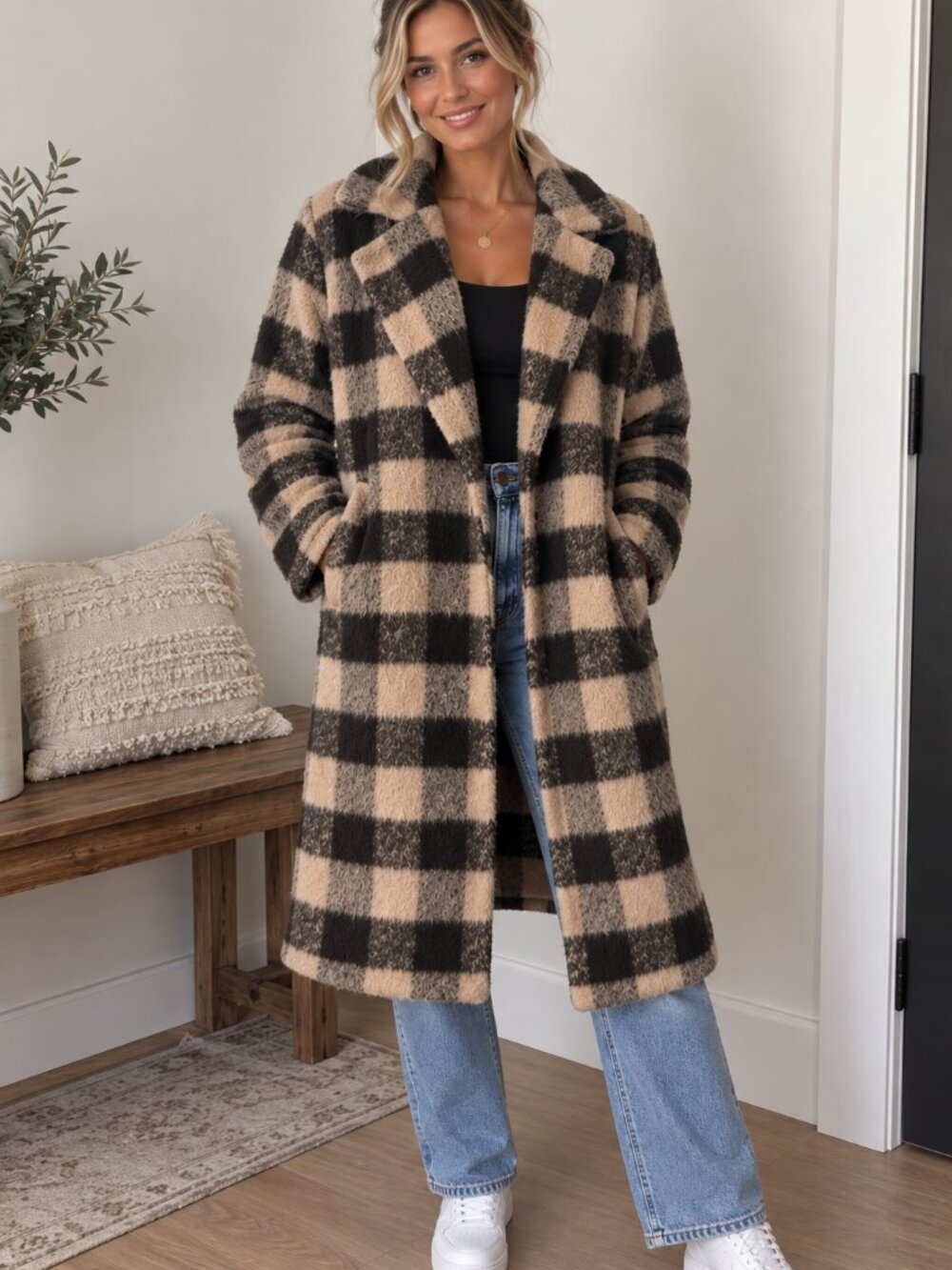 ONLY Beige and Brown Checked Long Peacoat with Wide Lapel